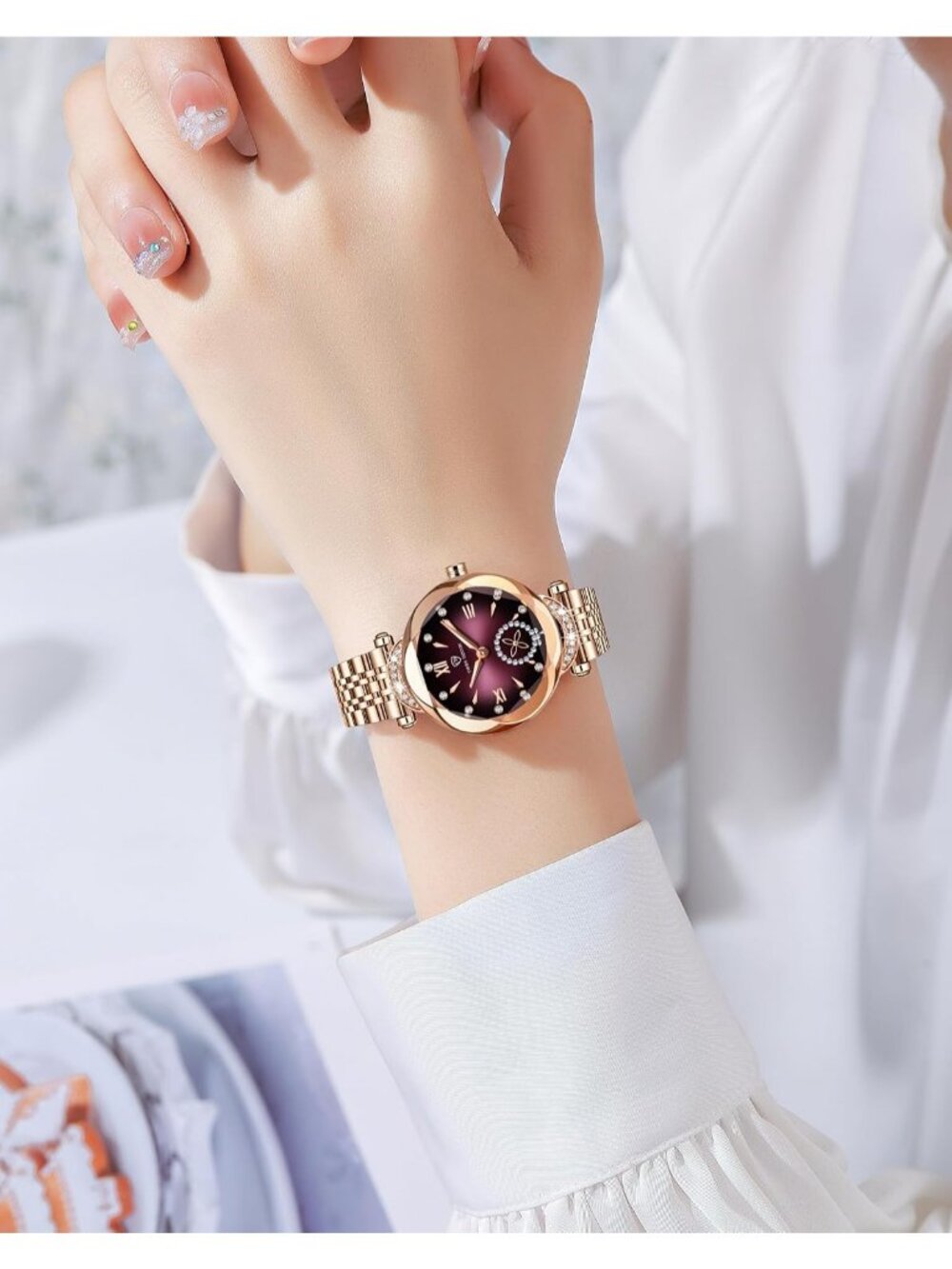 Women's Purple Crystal Accents Dainty Stainless Steel Strap Quartz Wrist Watch - Picture 2 of 4